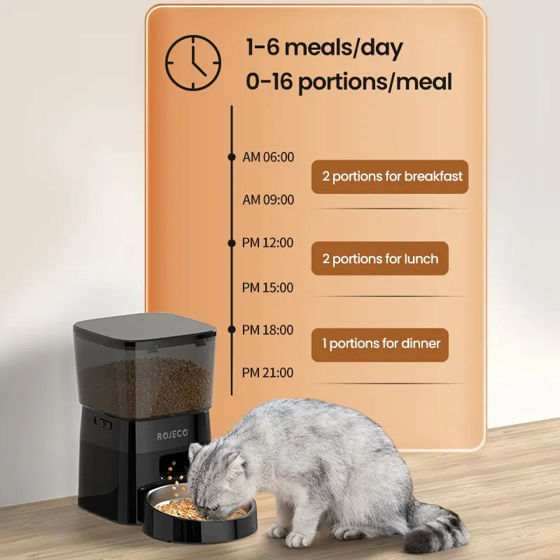 Dispensador automático de ração para gatos e cães, com controle inteligente ROJECO