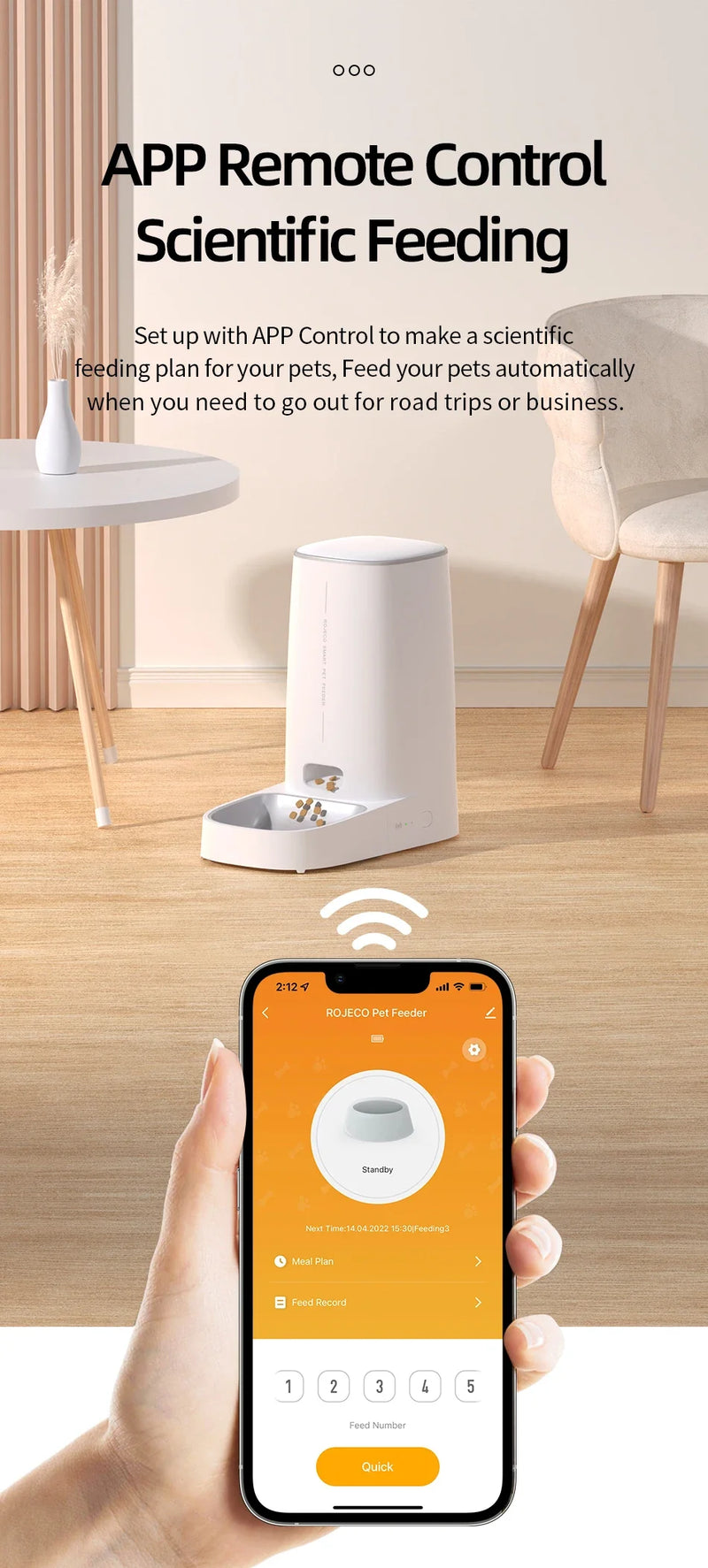Alimentador inteligente para gatos e cães, com Wi-Fi e controle remoto ROJECO